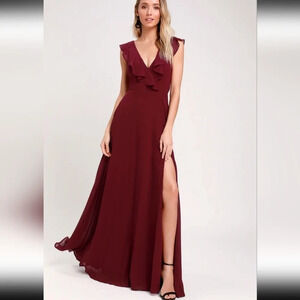 Lulu's Feel the Rush Burgundy Ruffled Lace-Up Backless Maxi Dress NWOT